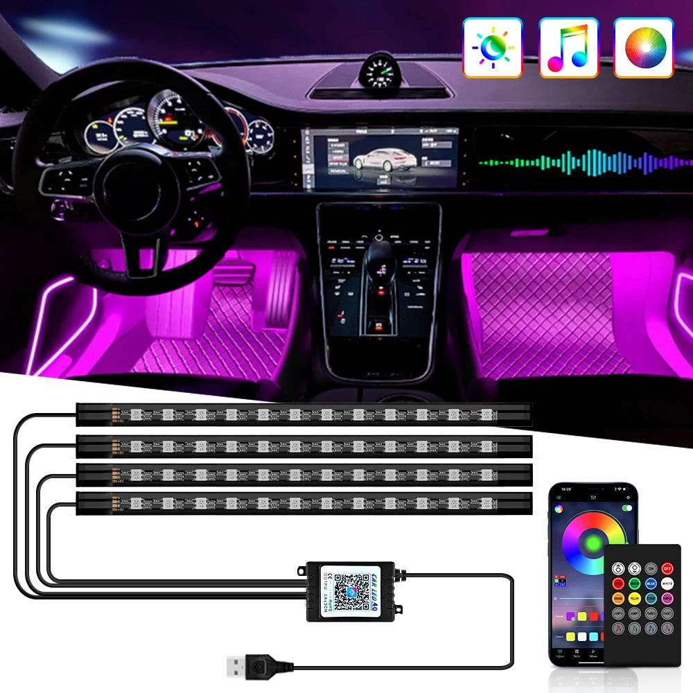 Car Foot Well LED Ambient Light Strip — USB / Cigarette Lighter, Music Sync Atmosphere Lamp