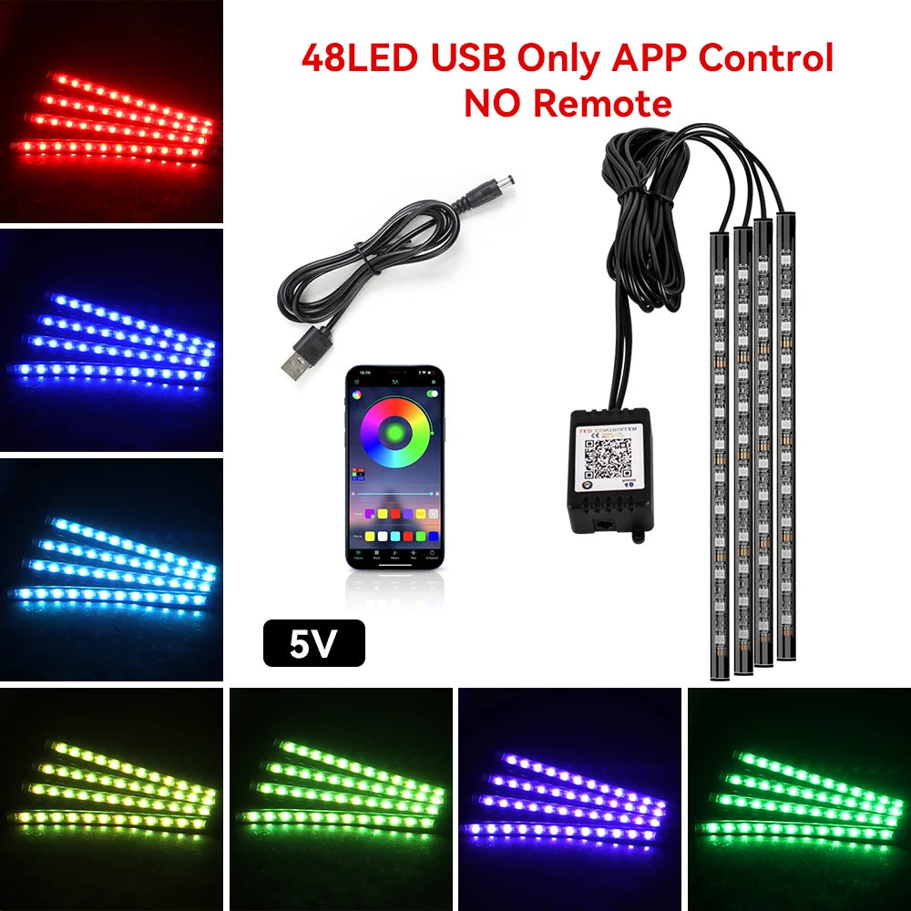 Car Foot Well LED Ambient Light Strip — USB / Cigarette Lighter, Music Sync Atmosphere Lamp