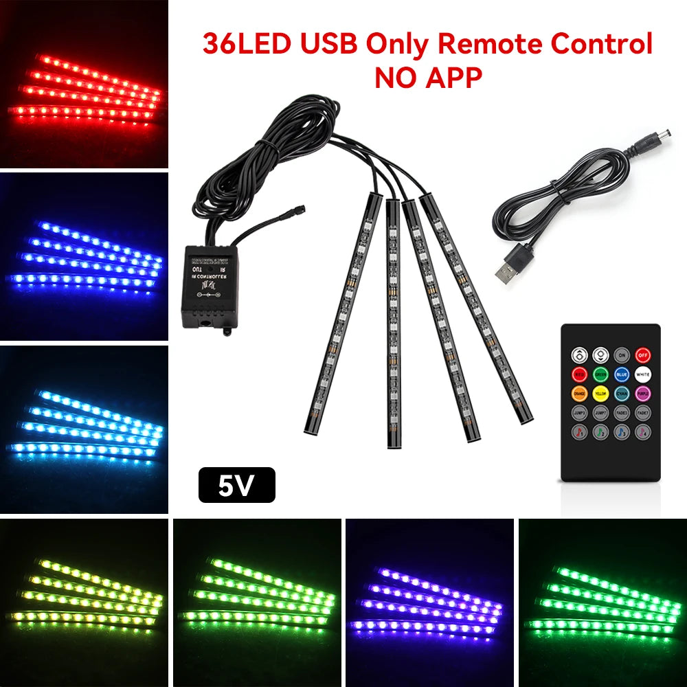 Car Foot Well LED Ambient Light Strip — USB / Cigarette Lighter, Music Sync Atmosphere Lamp