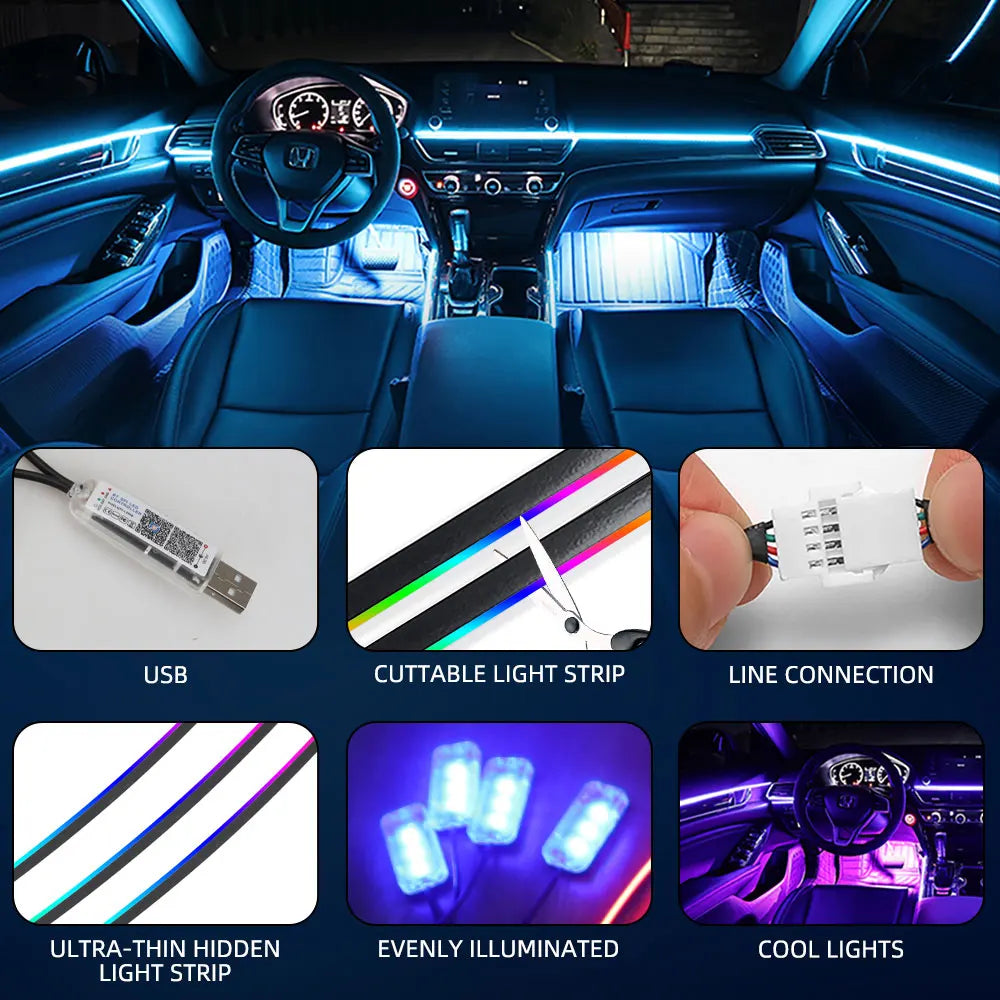 18-in-1 Symphony RGB LED Car Ambient Light Kit — App Control Acrylic Strip
