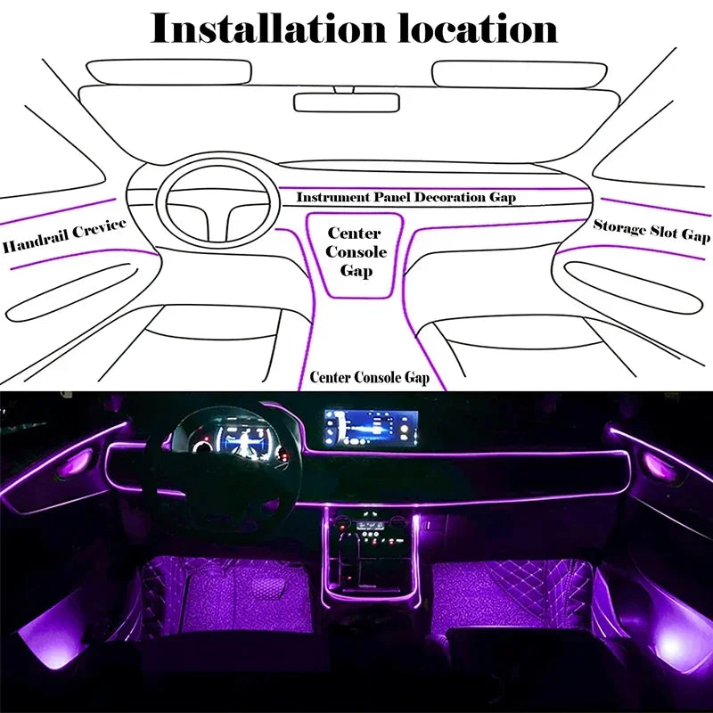 Flexible EL Wire Car Interior Ambient Light Strip — App Control RGB Neon 12V