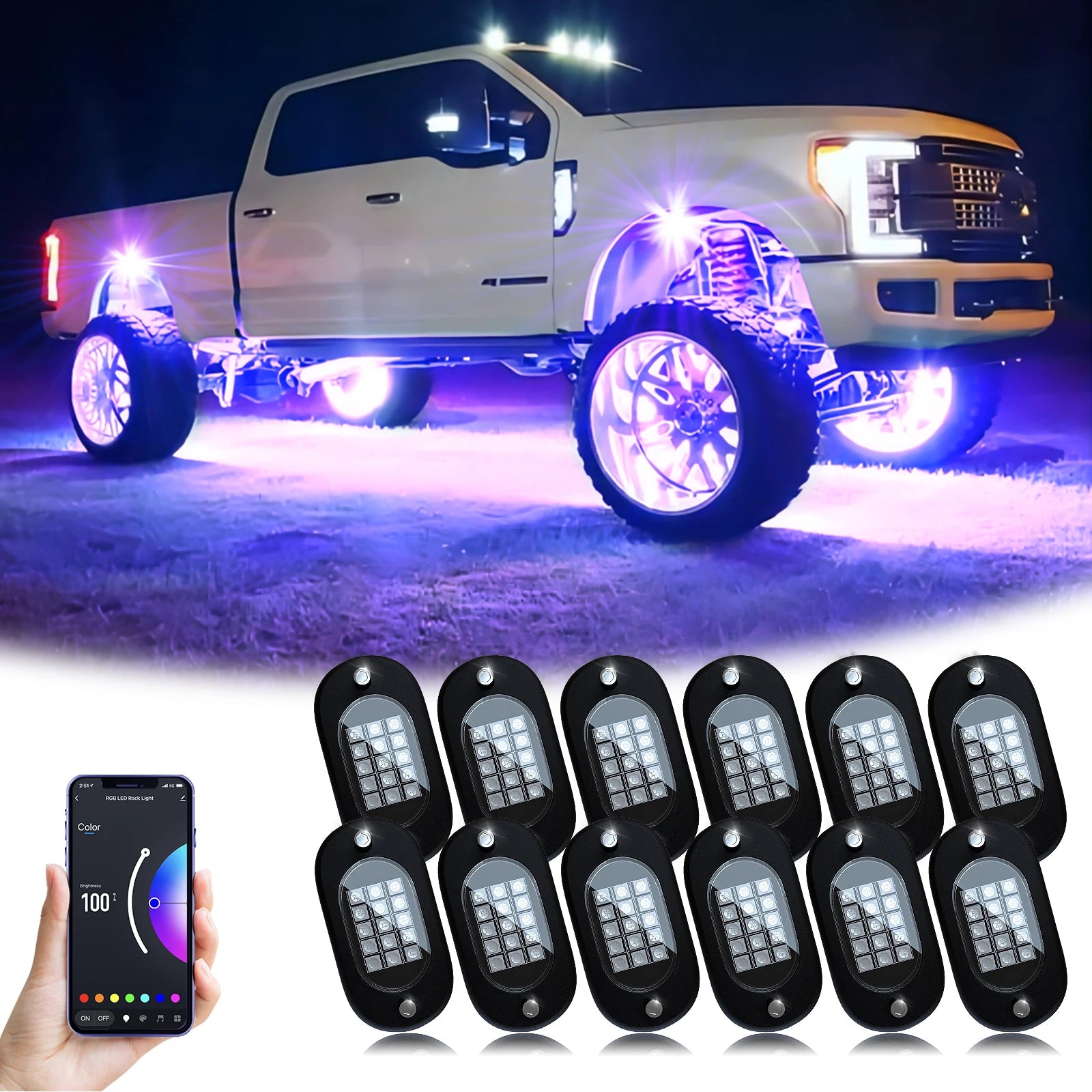Honalia RGB LED Rock Lights — 4 / 6 / 8 / 10 / 12 Pod Kit, App Control, IP68