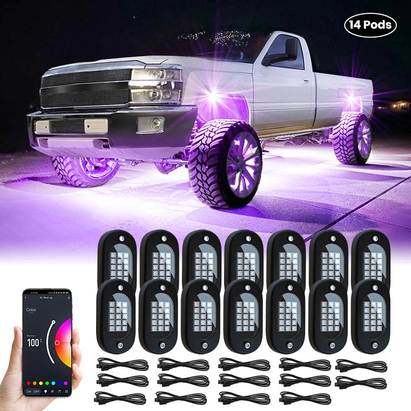 Honalia RGB LED Rock Lights — 4 / 6 / 8 / 10 / 12 Pod Kit, App Control, IP68