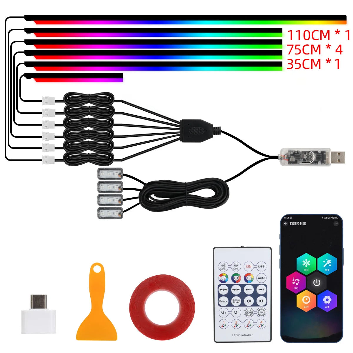 18-in-1 Symphony RGB LED Car Ambient Light Kit — App Control Acrylic Strip