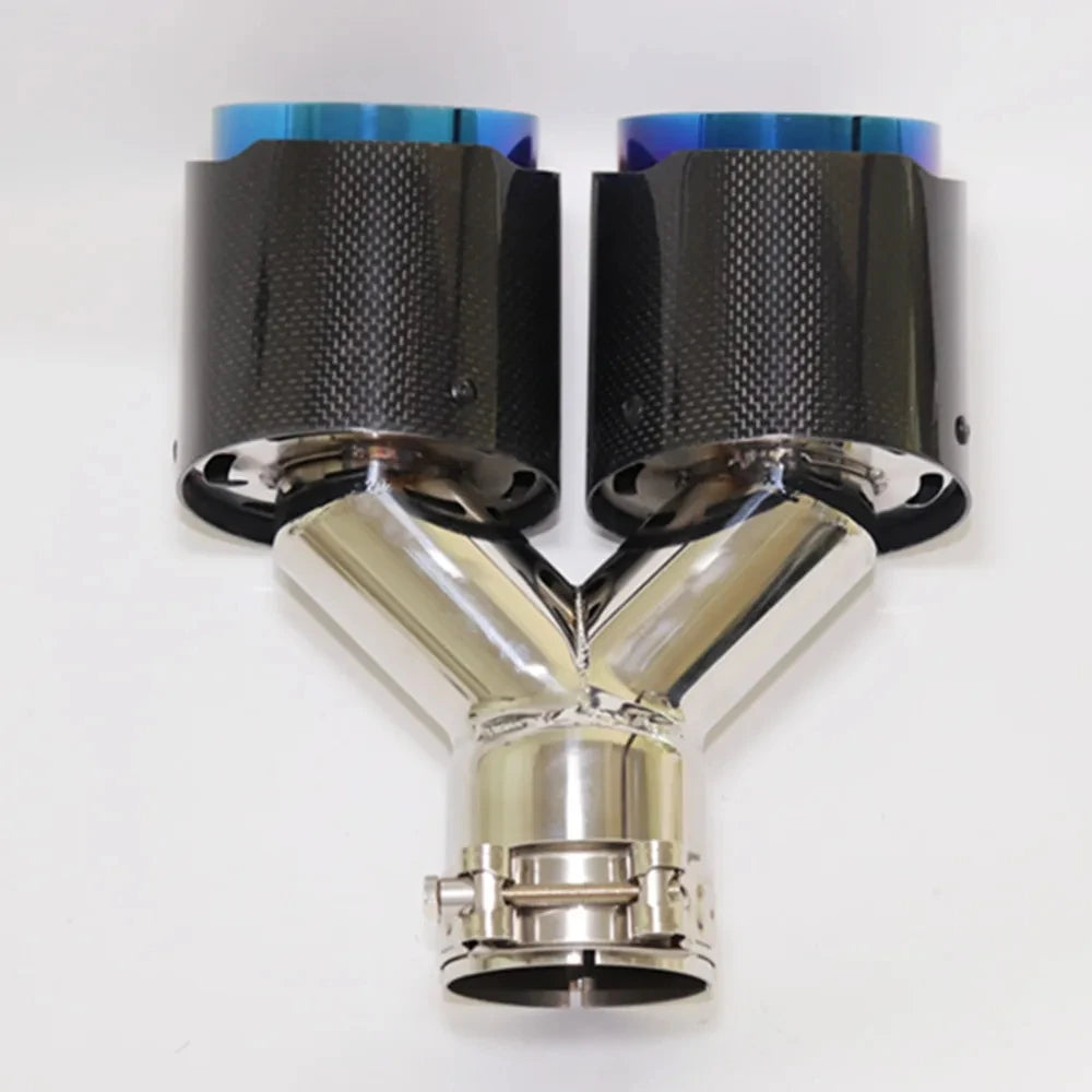 Exhaust Tip Dual Blue Glossy Carbon Fiber Double Universal