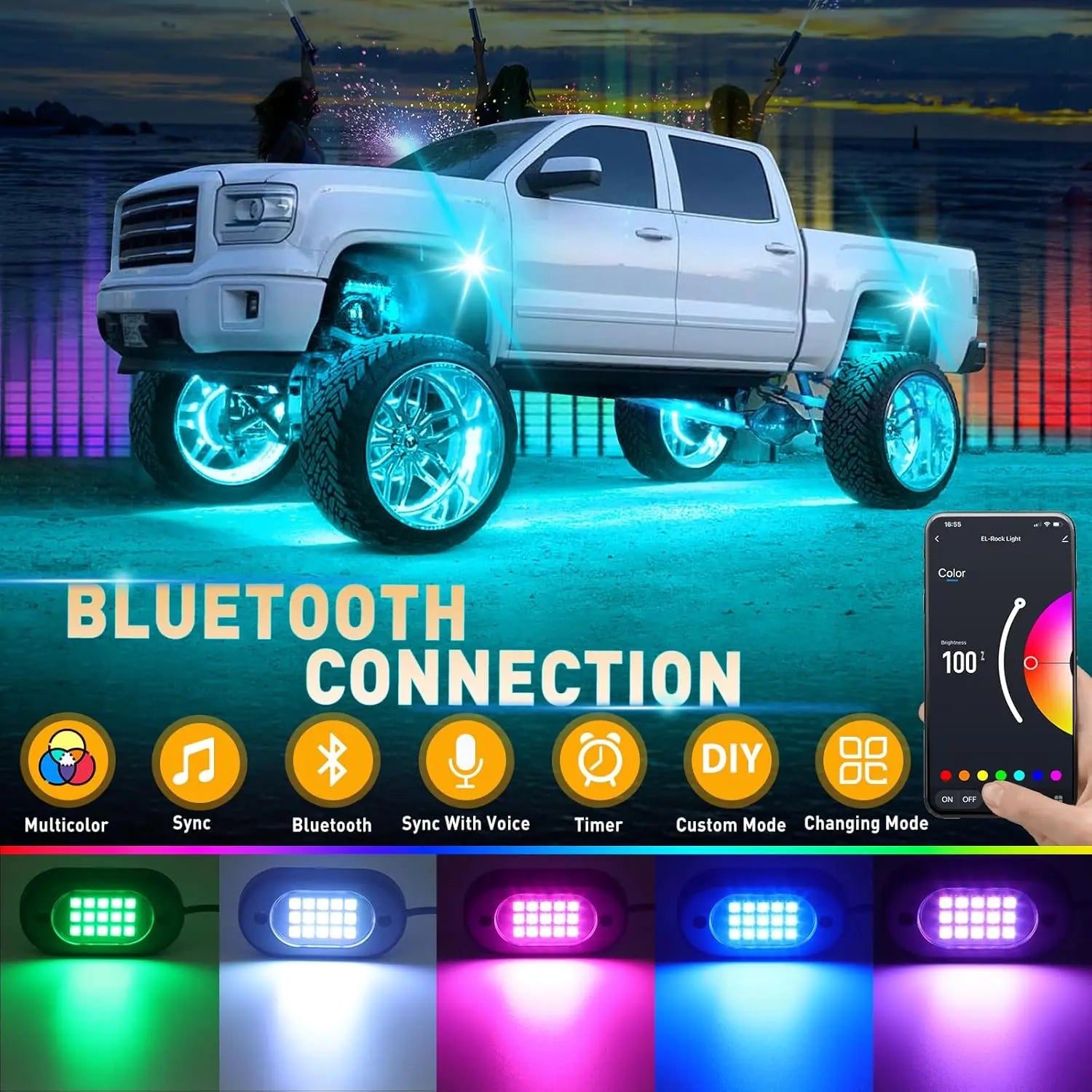 Honalia RGB LED Rock Lights — 4 / 6 / 8 / 10 / 12 Pod Kit, App Control, IP68