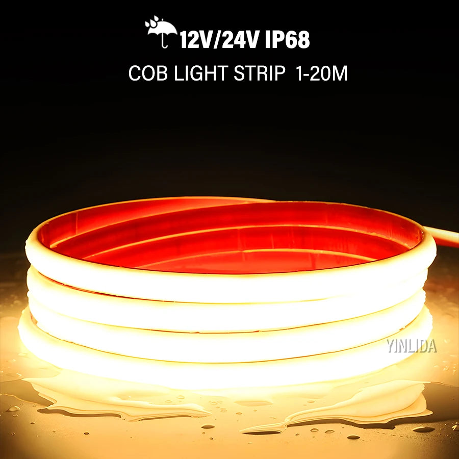 24V 12V IP68 COB LED Strip Waterproof 3000K4000K 6000K Neon Light Underwater 12V 320Leds/m Flexible Ribbon Tape RA90 Lighting