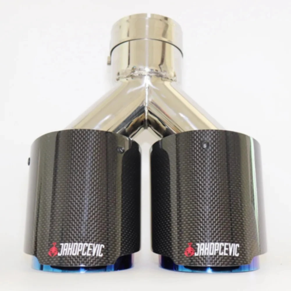 Exhaust Tip Dual Blue Glossy Carbon Fiber Double Universal