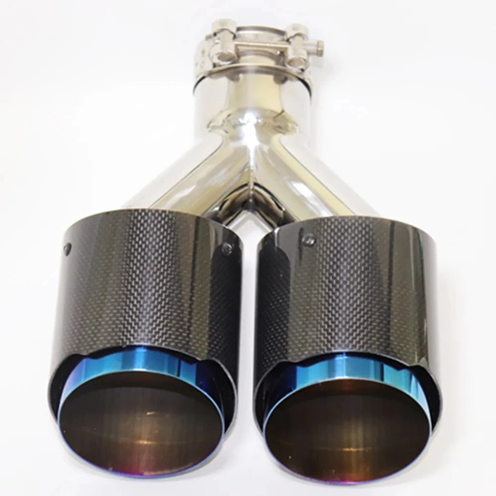 Exhaust Tip Dual Blue Glossy Carbon Fiber Double Universal