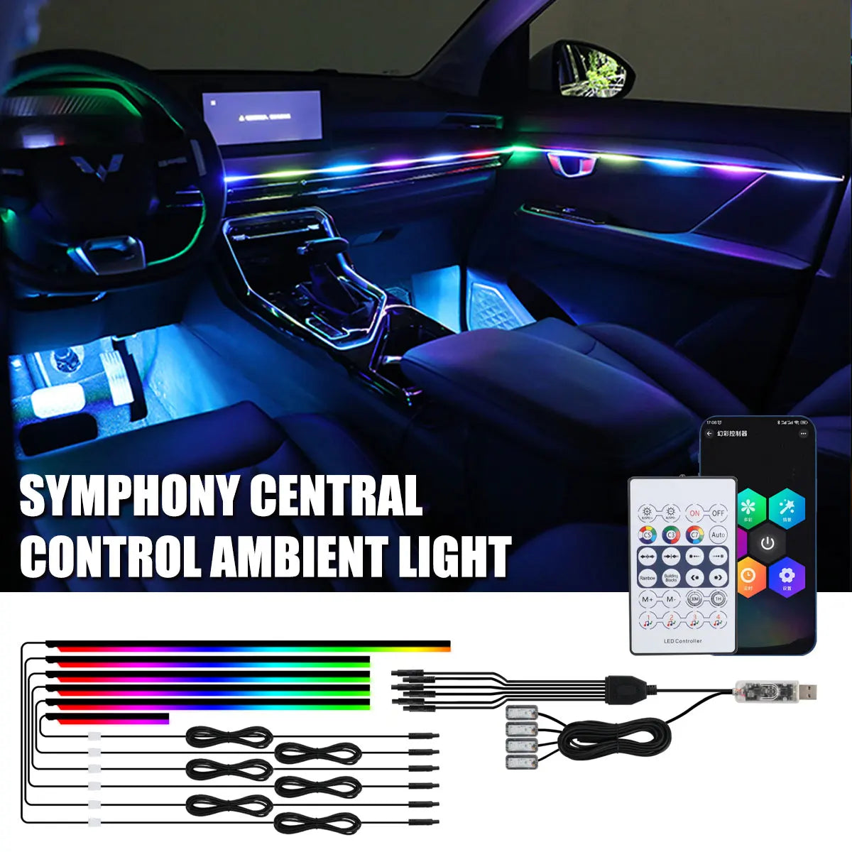 18-in-1 Symphony RGB LED Car Ambient Light Kit — App Control Acrylic Strip