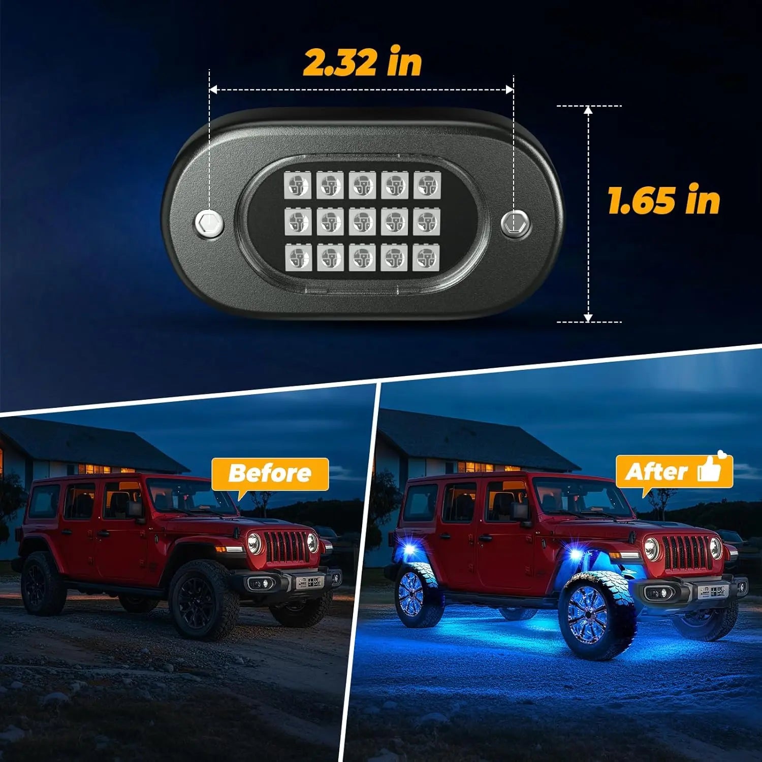Honalia RGB LED Rock Lights — 4 / 6 / 8 / 10 / 12 Pod Kit, App Control, IP68