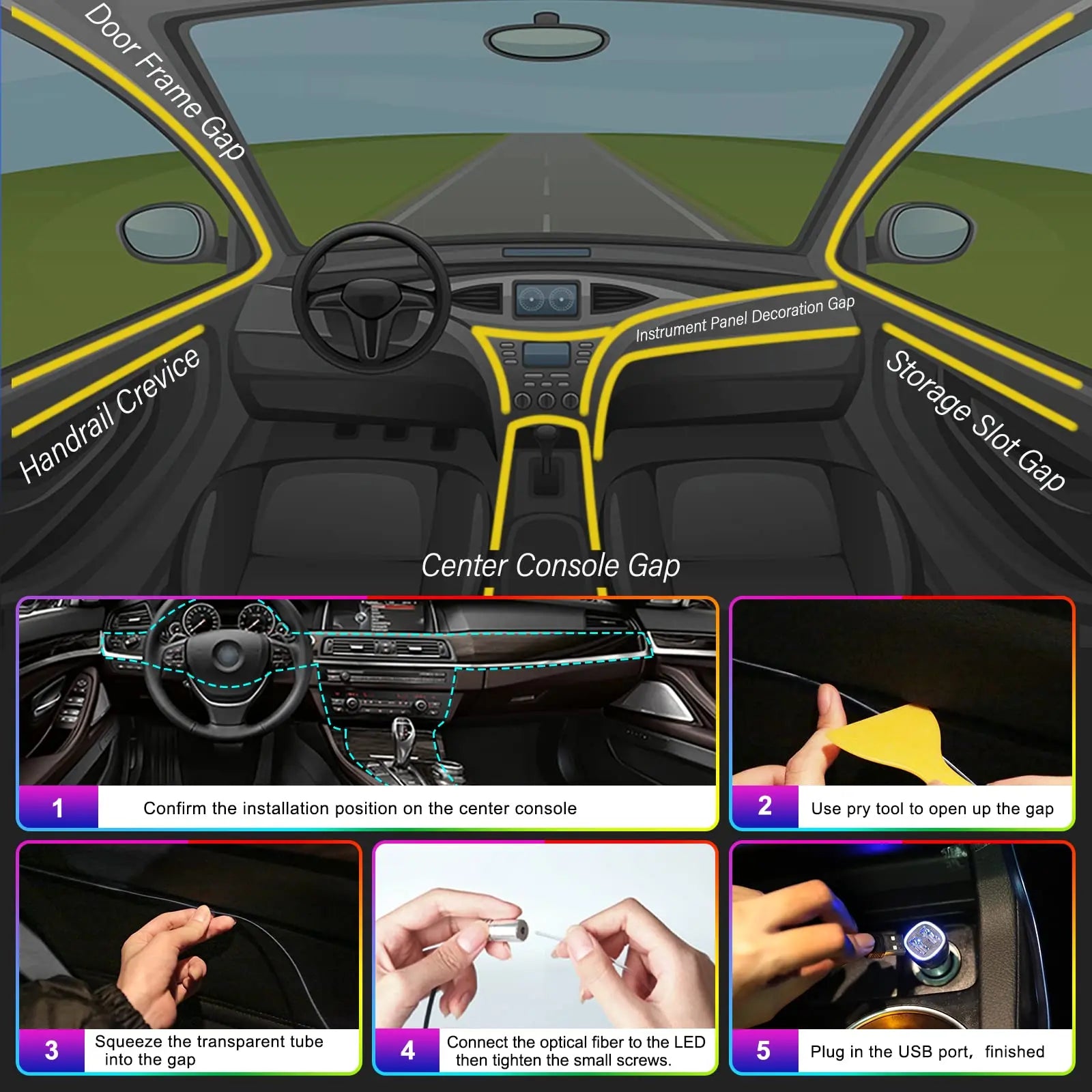 LED Car Interior Ambient Strip Lights RGB Fiber Optic