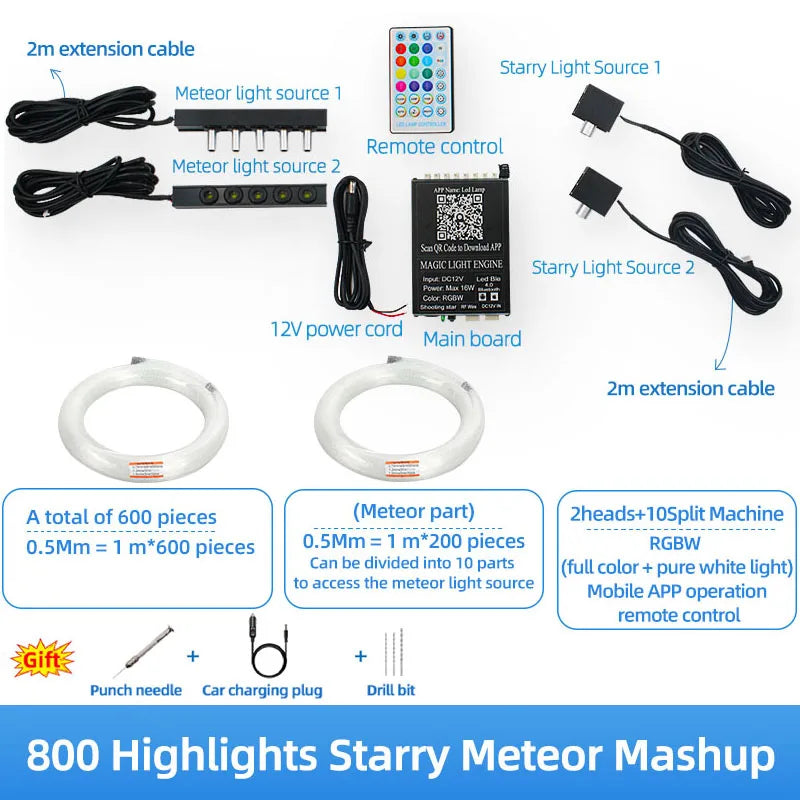 Starry sky roof for car, modified starry sky light with Bluetooth remote control, rgbw gypsophila, meteor kit, 12v