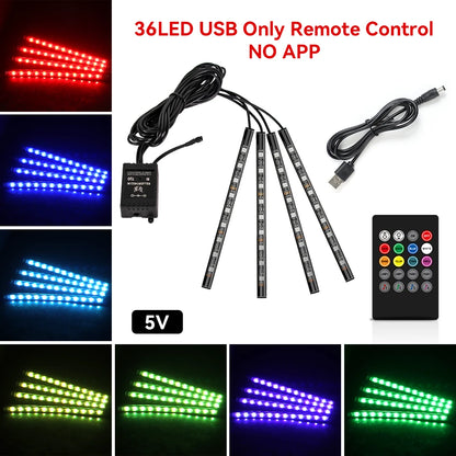 Car Foot Well LED Ambient Light Strip — USB / Cigarette Lighter, Music Sync Atmosphere Lamp