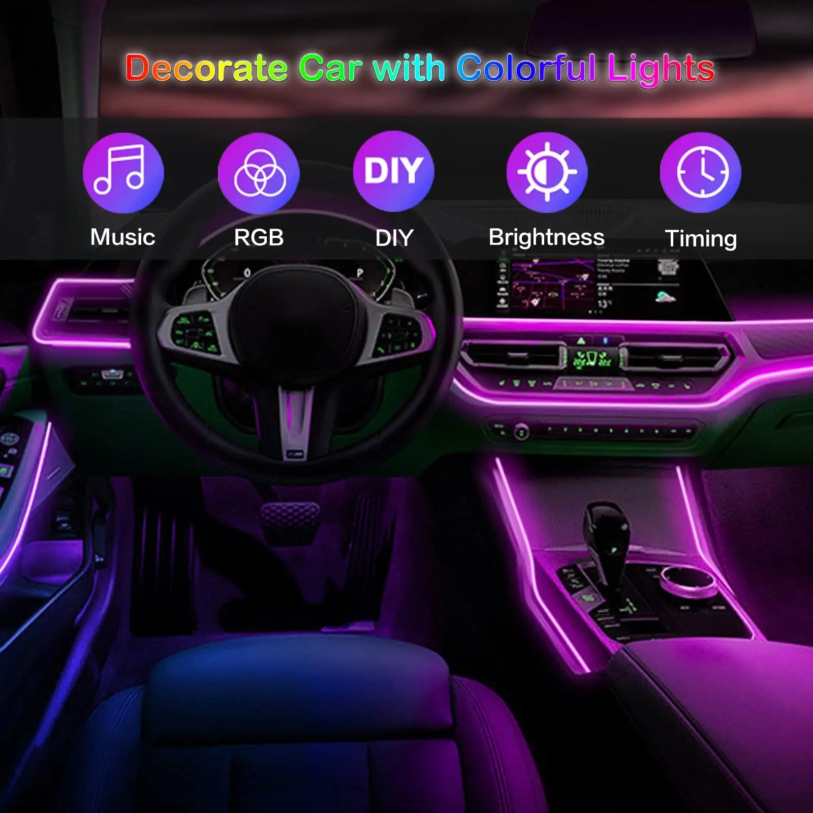 LED Car Interior Ambient Strip Lights RGB Fiber Optic