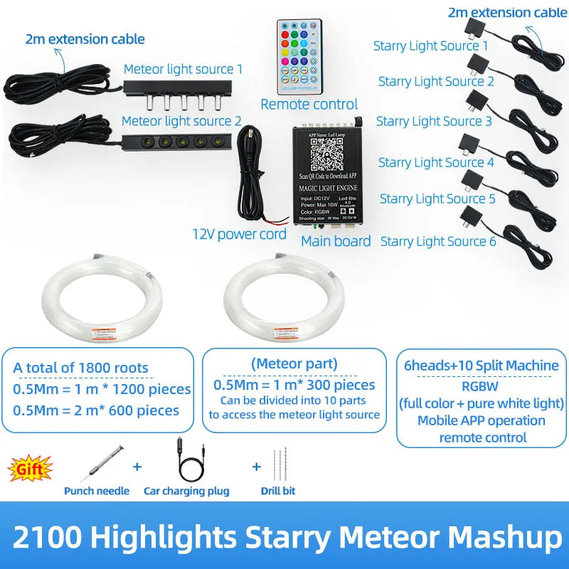 Starry sky roof for car, modified starry sky light with Bluetooth remote control, rgbw gypsophila, meteor kit, 12v