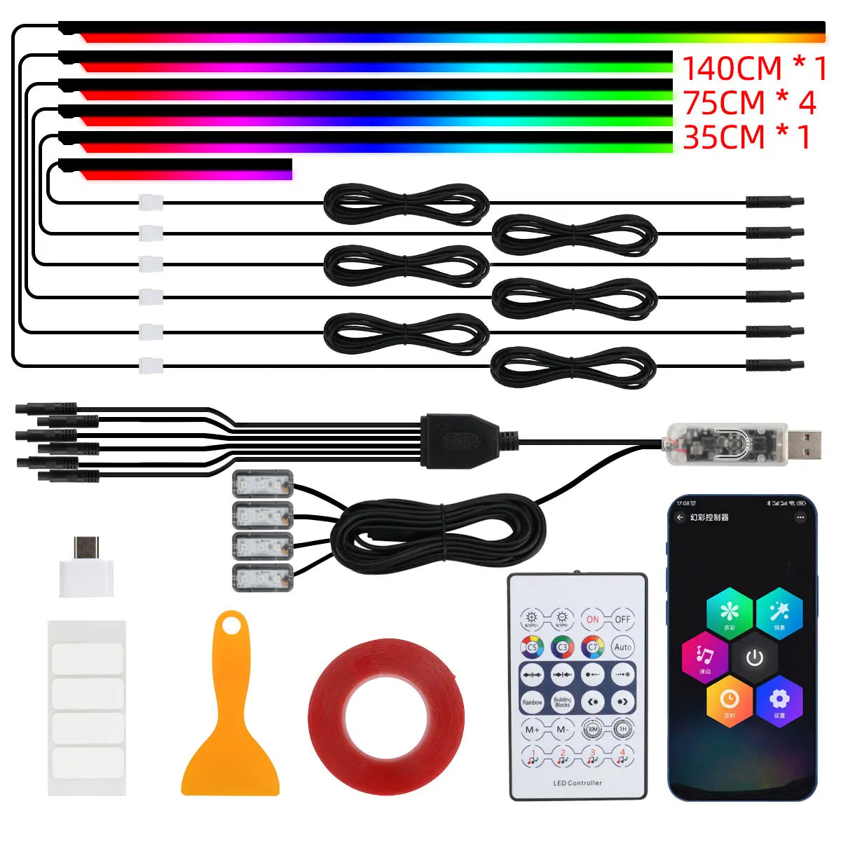 18-in-1 Symphony RGB LED Car Ambient Light Kit — App Control Acrylic Strip
