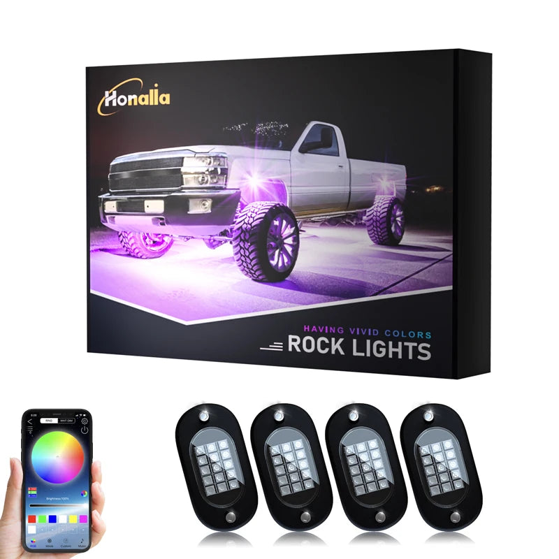 Honalia RGB LED Rock Lights — 4 / 6 / 8 / 10 / 12 Pod Kit, App Control, IP68