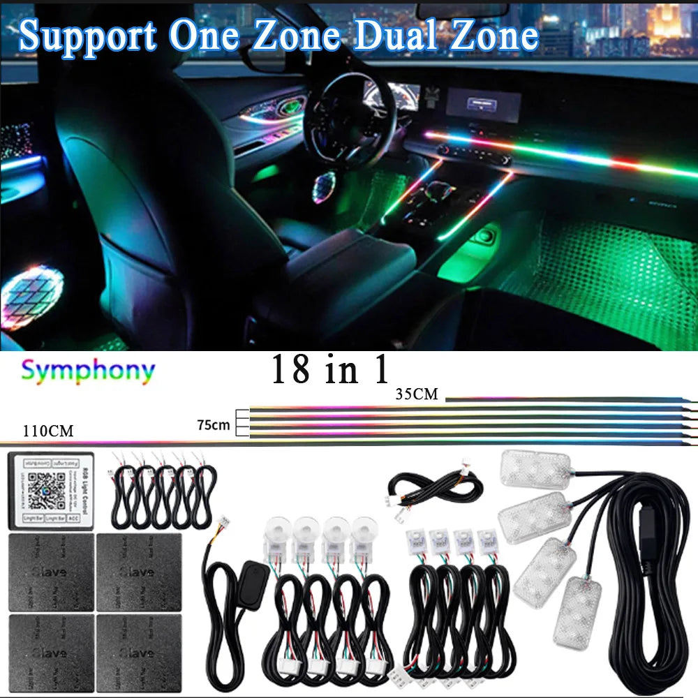 14 / 18-in-1 RGB Acrylic Car Ambient Light Kit — 64 / 213 Colour Symphony Streamer, App Control