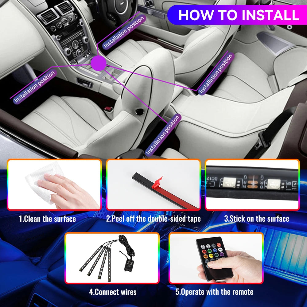 Car Foot Well LED Ambient Light Strip — USB / Cigarette Lighter, Music Sync Atmosphere Lamp