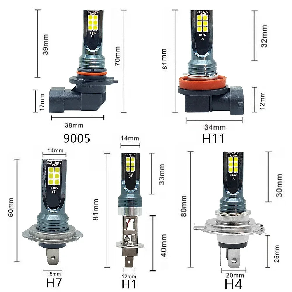 LED Headlight &amp; Fog Light Bulbs — H1 H3 H4 H7 H8 H9 H10 H11 9005 9006, 12000LM 80W 12V (Pair)