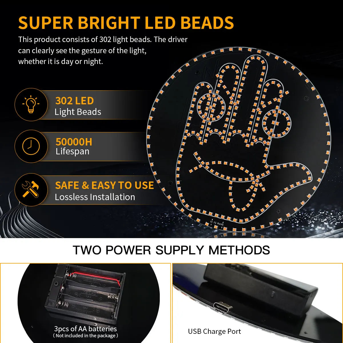 Car LED Gesture Expression Light — Remote Control Middle Finger / Palm Light