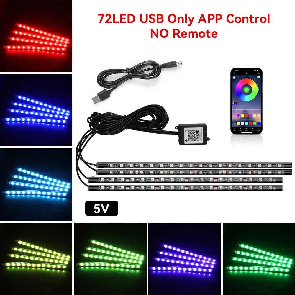 Car Foot Well LED Ambient Light Strip — USB / Cigarette Lighter, Music Sync Atmosphere Lamp