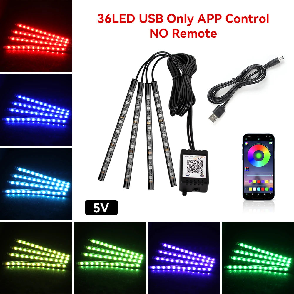 Car Foot Well LED Ambient Light Strip — USB / Cigarette Lighter, Music Sync Atmosphere Lamp