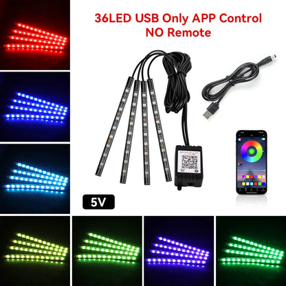 Car Foot Well LED Ambient Light Strip — USB / Cigarette Lighter, Music Sync Atmosphere Lamp