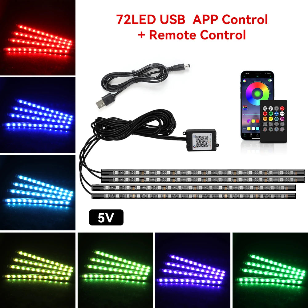 Car Foot Well LED Ambient Light Strip — USB / Cigarette Lighter, Music Sync Atmosphere Lamp