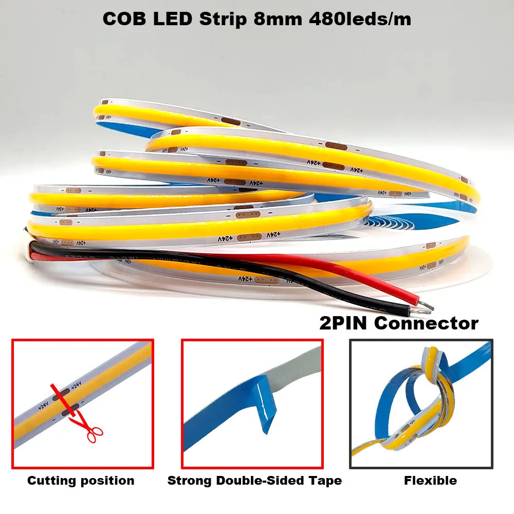 12V 24V COB LED Strip 5mm/8mm PCB 400/480LEDs/m Flexible Red/Green/Blue/Pink/Ice Blue/Yellow Led Strip For Home Decor LED Lights