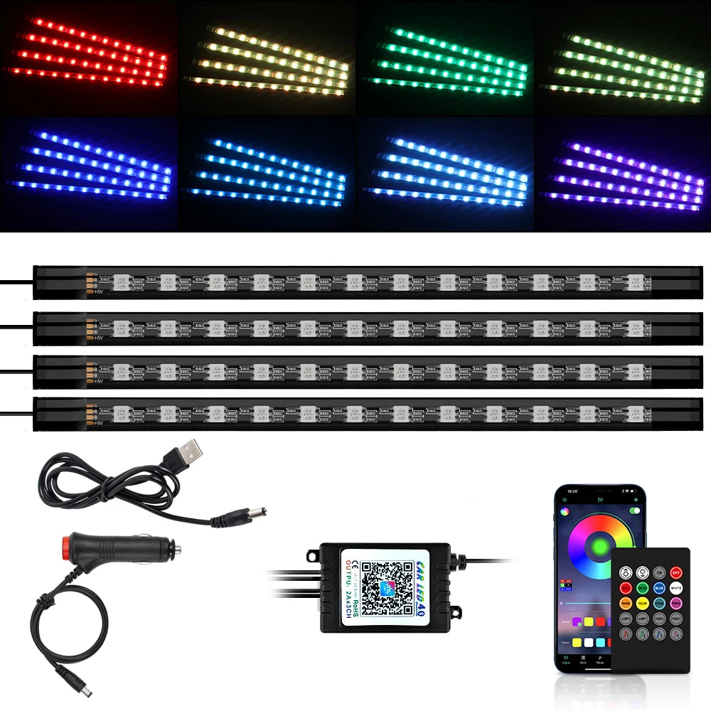 Car Foot Well LED Ambient Light Strip — USB / Cigarette Lighter, Music Sync Atmosphere Lamp