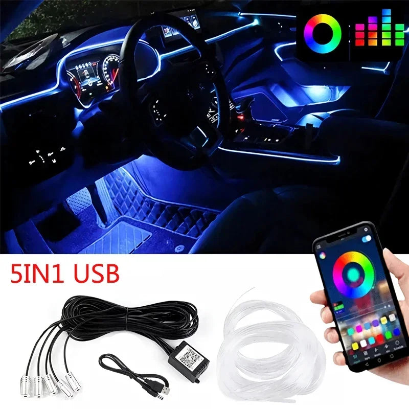 Flexible EL Wire Car Interior Ambient Light Strip — App Control RGB Neon 12V