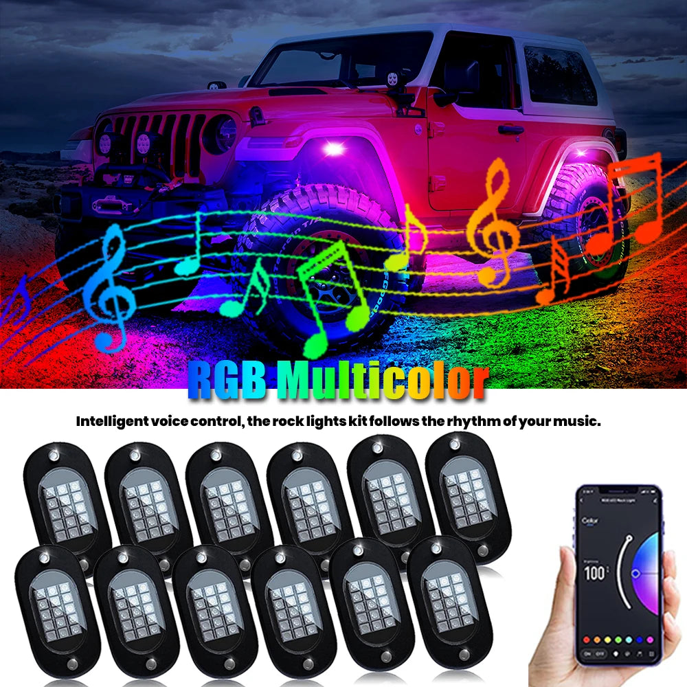 Honalia RGB LED Rock Lights — 4 / 6 / 8 / 10 / 12 Pod Kit, App Control, IP68