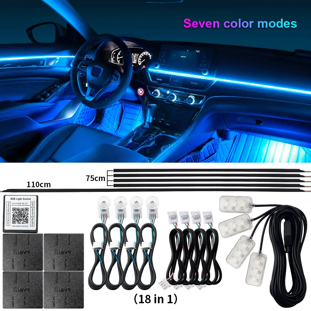 14 / 18-in-1 RGB Acrylic Car Ambient Light Kit — 64 / 213 Colour Symphony Streamer, App Control