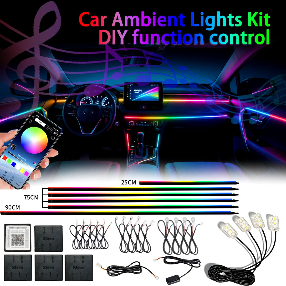18-in-1 Full Colour Streamer RGB Car Ambient Light — 64 Colour Symphony Acrylic Strip