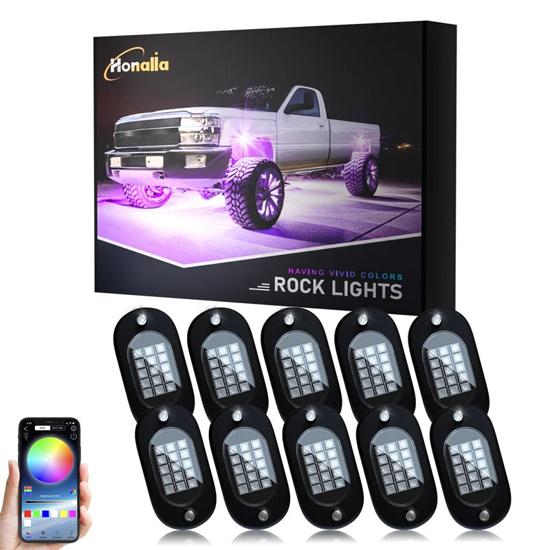 Honalia RGB LED Rock Lights — 4 / 6 / 8 / 10 / 12 Pod Kit, App Control, IP68