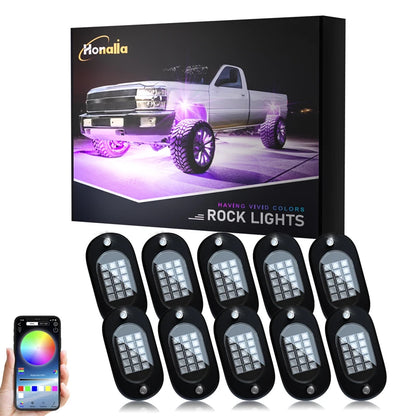 Honalia RGB LED Rock Lights — 4 / 6 / 8 / 10 / 12 Pod Kit, App Control, IP68