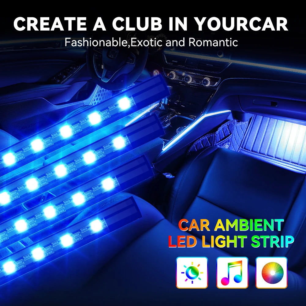 Car Foot Well LED Ambient Light Strip — USB / Cigarette Lighter, Music Sync Atmosphere Lamp