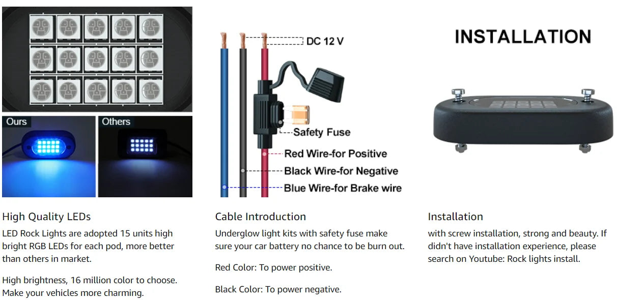 Honalia RGB LED Rock Lights — 4 / 6 / 8 / 10 / 12 Pod Kit, App Control, IP68