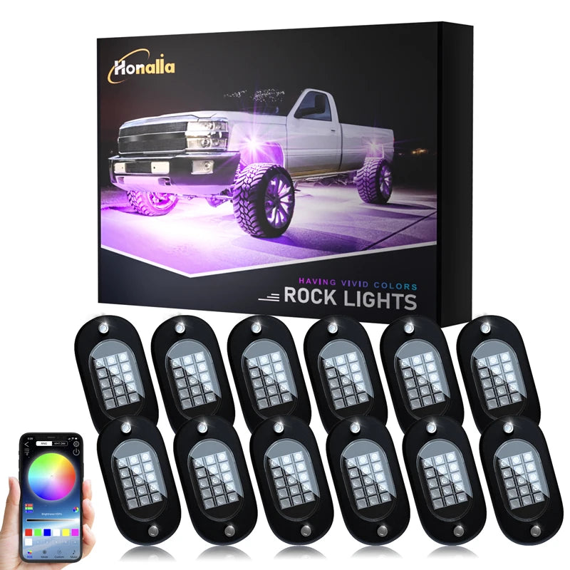 Honalia RGB LED Rock Lights — 4 / 6 / 8 / 10 / 12 Pod Kit, App Control, IP68