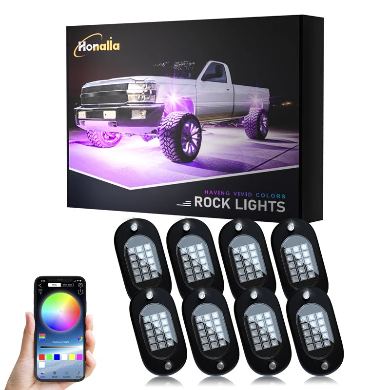 Honalia RGB LED Rock Lights — 4 / 6 / 8 / 10 / 12 Pod Kit, App Control, IP68