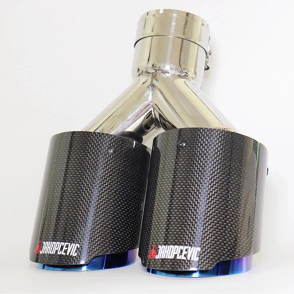 Exhaust Tip Dual Blue Glossy Carbon Fiber Double Universal
