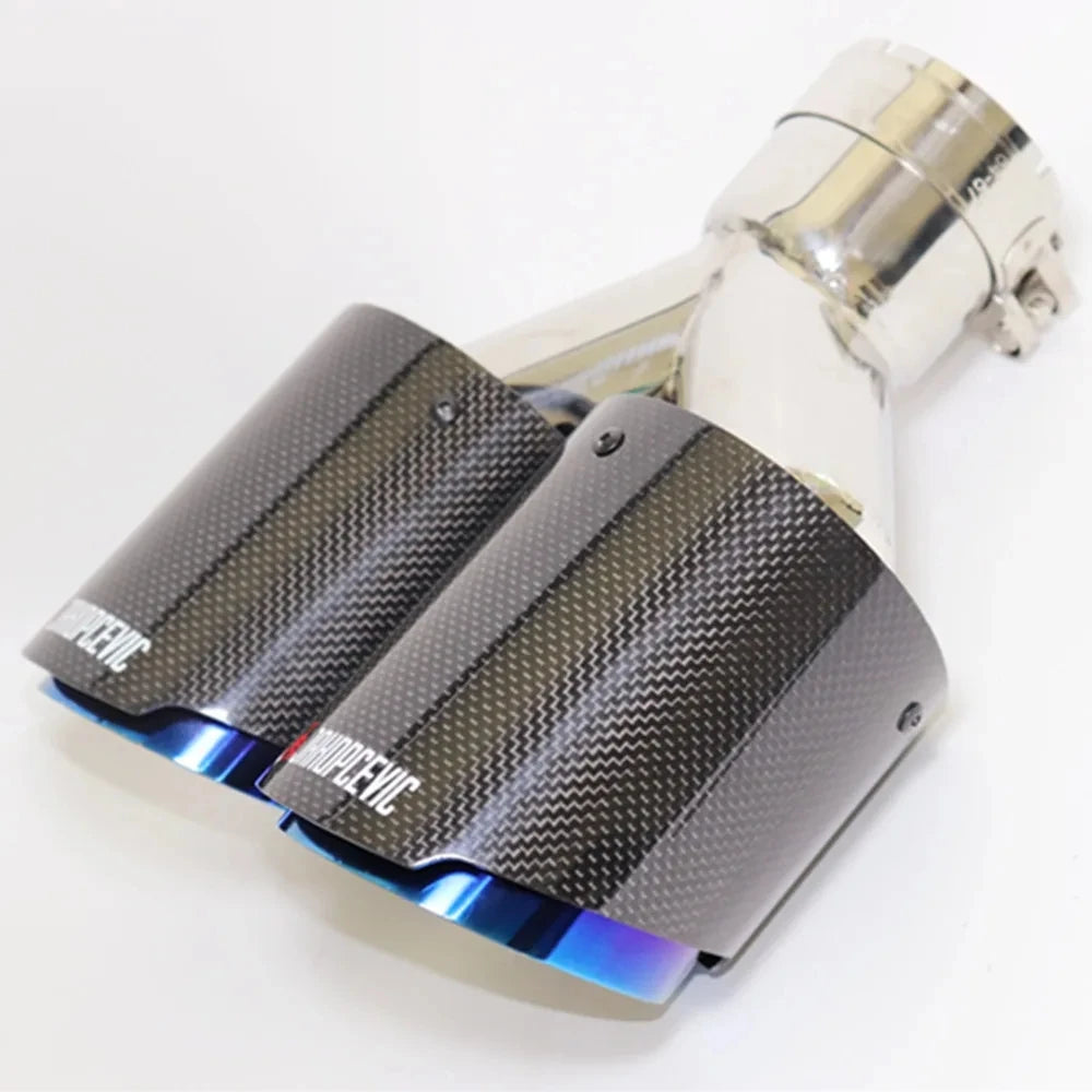 Exhaust Tip Dual Blue Glossy Carbon Fiber Double Universal