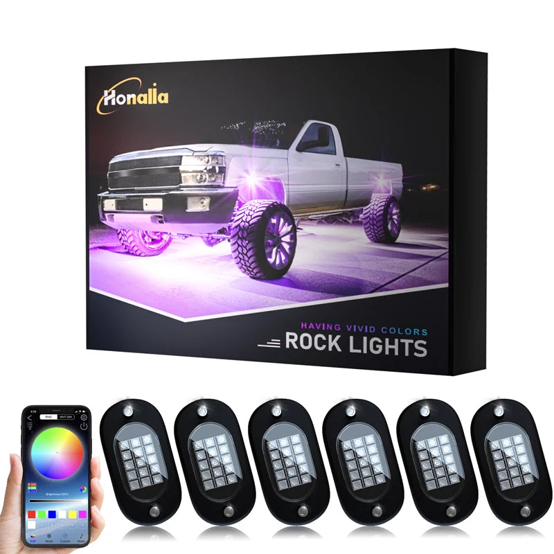 Honalia RGB LED Rock Lights — 4 / 6 / 8 / 10 / 12 Pod Kit, App Control, IP68