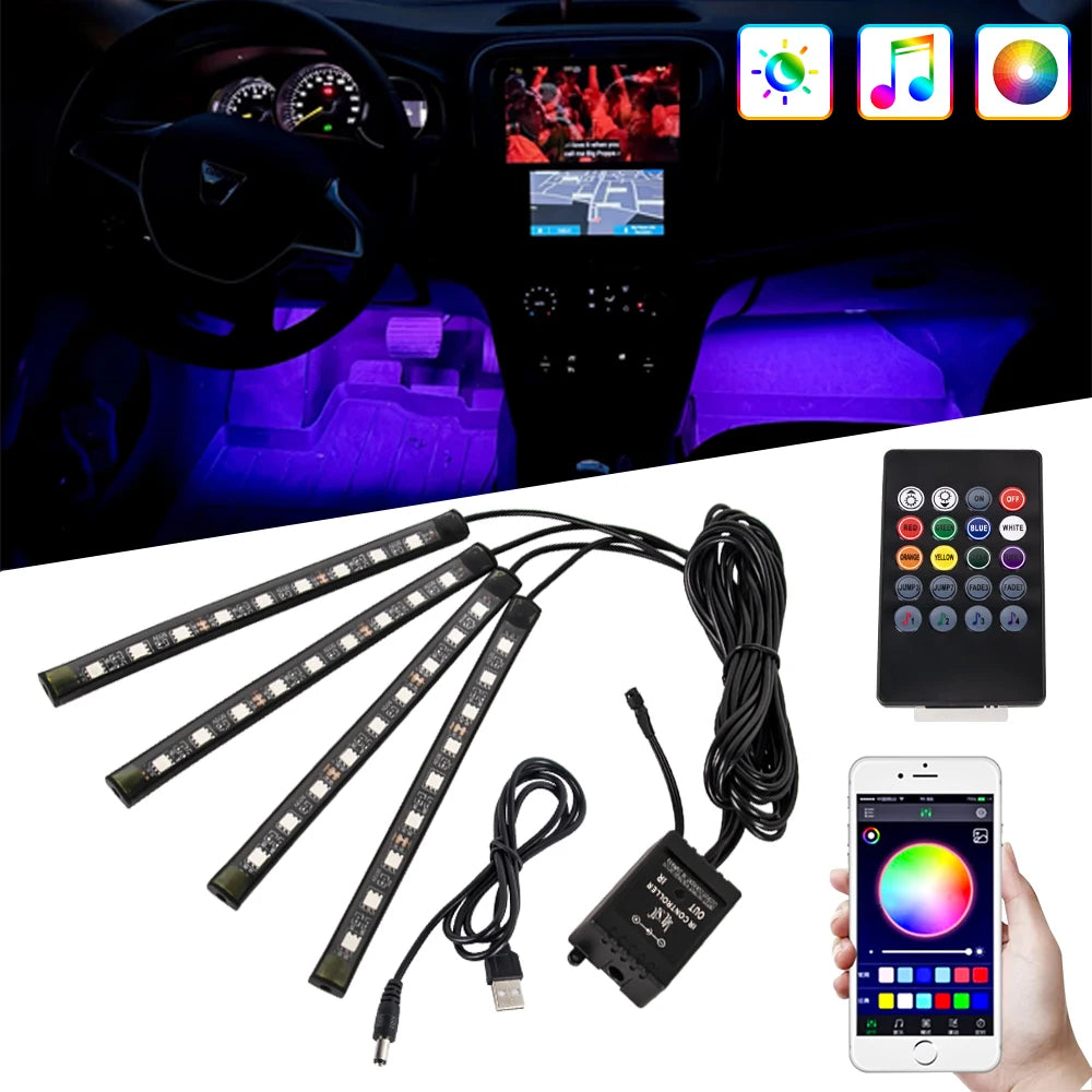 Car Foot Well LED Ambient Light Strip — USB / Cigarette Lighter, Music Sync Atmosphere Lamp