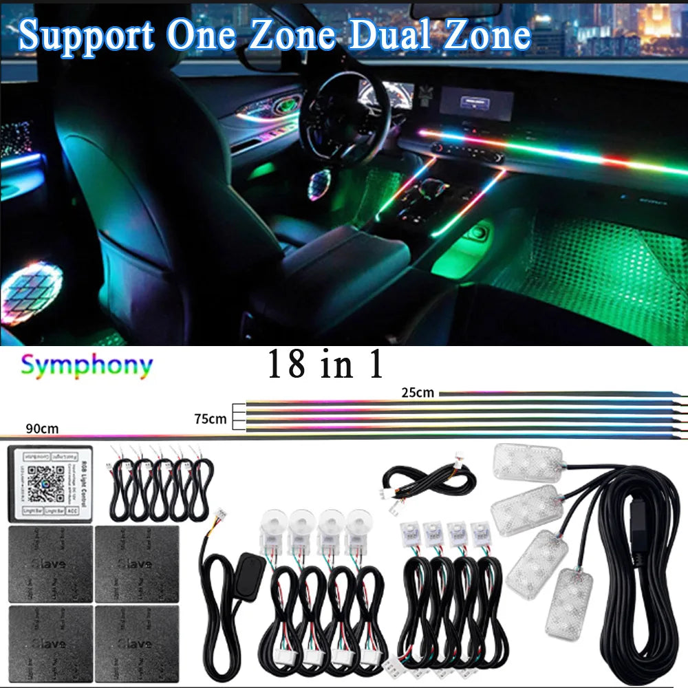 14 / 18-in-1 RGB Acrylic Car Ambient Light Kit — 64 / 213 Colour Symphony Streamer, App Control