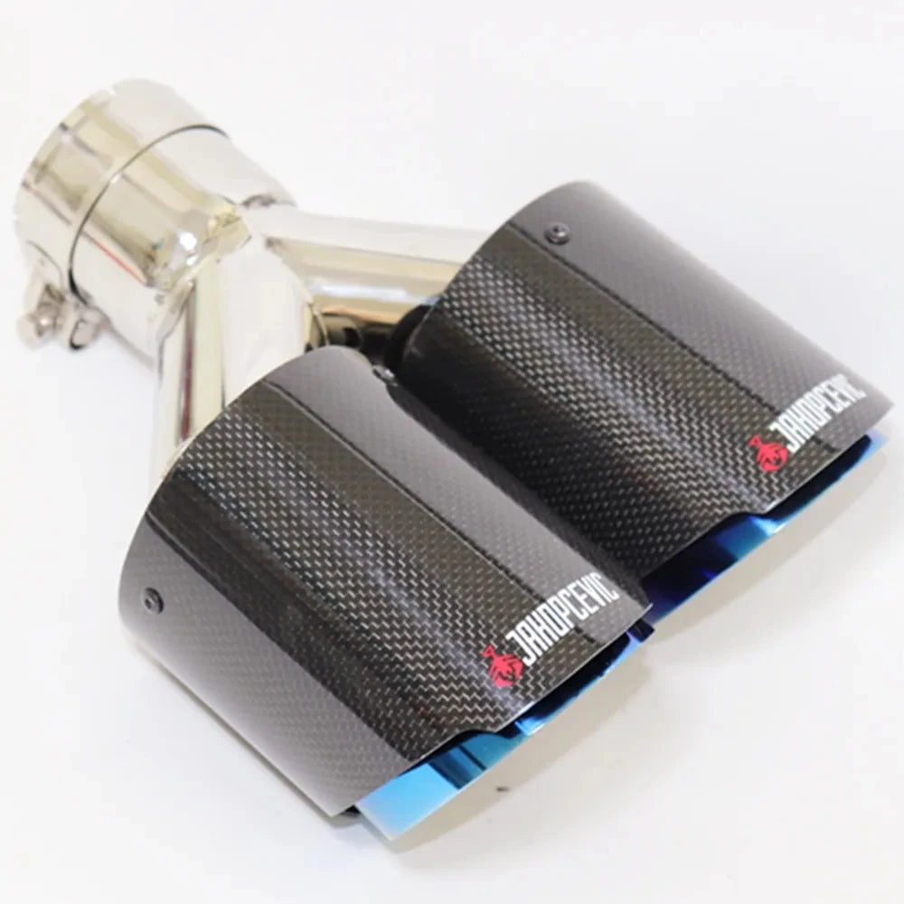 Exhaust Tip Dual Blue Glossy Carbon Fiber Double Universal