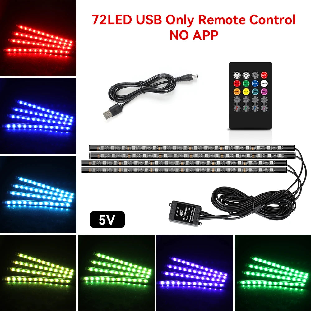 Car Foot Well LED Ambient Light Strip — USB / Cigarette Lighter, Music Sync Atmosphere Lamp