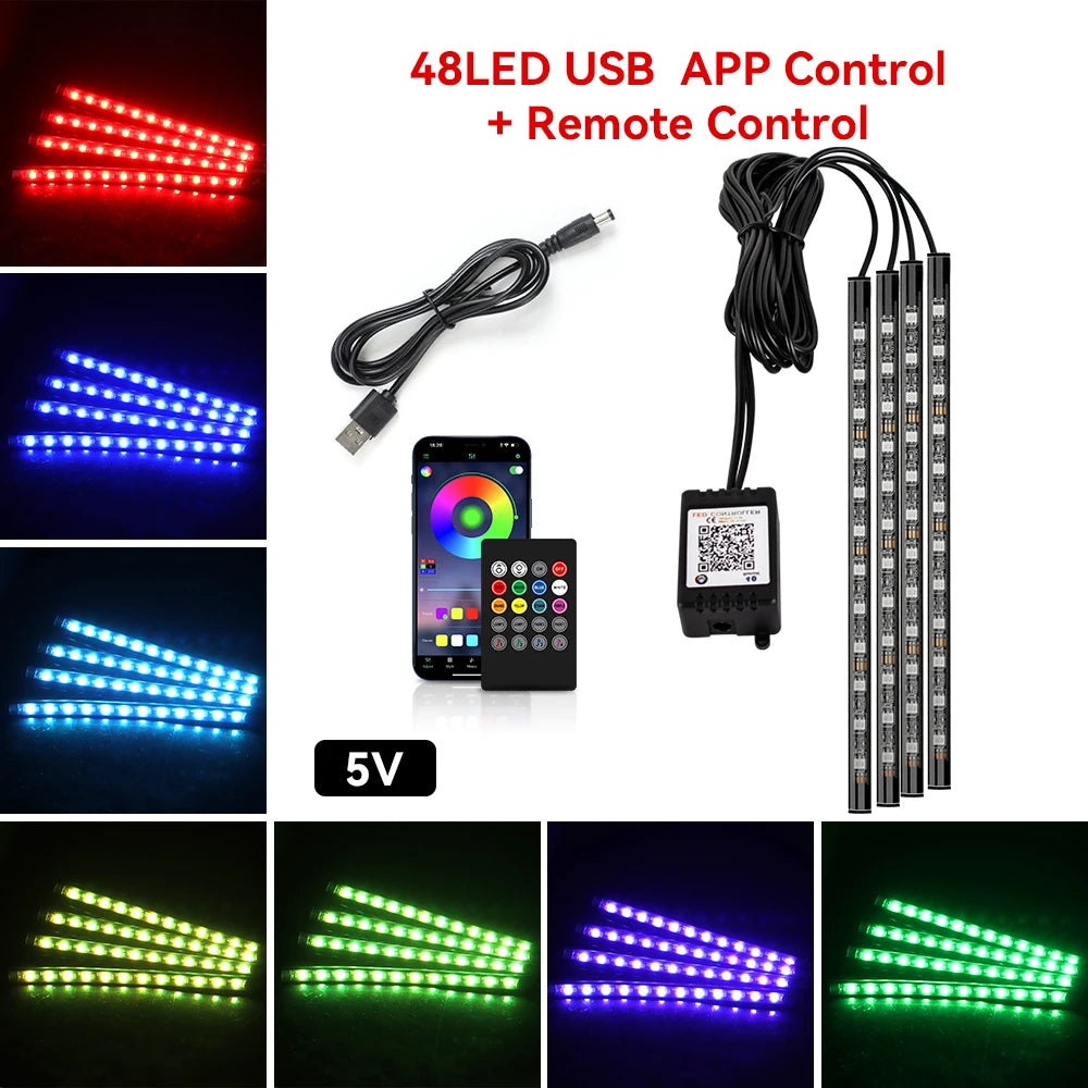 Car Foot Well LED Ambient Light Strip — USB / Cigarette Lighter, Music Sync Atmosphere Lamp